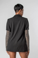 BACK VIEW OF BLACK COLLARED BLAZER WITH LAYERED CRYSTAL MESH SLEEVES-MISCHUN