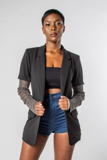 BLACK COLLARED BLAZER WITH LAYERED CRYSTAL MESH SLEEVES-MISCHUN