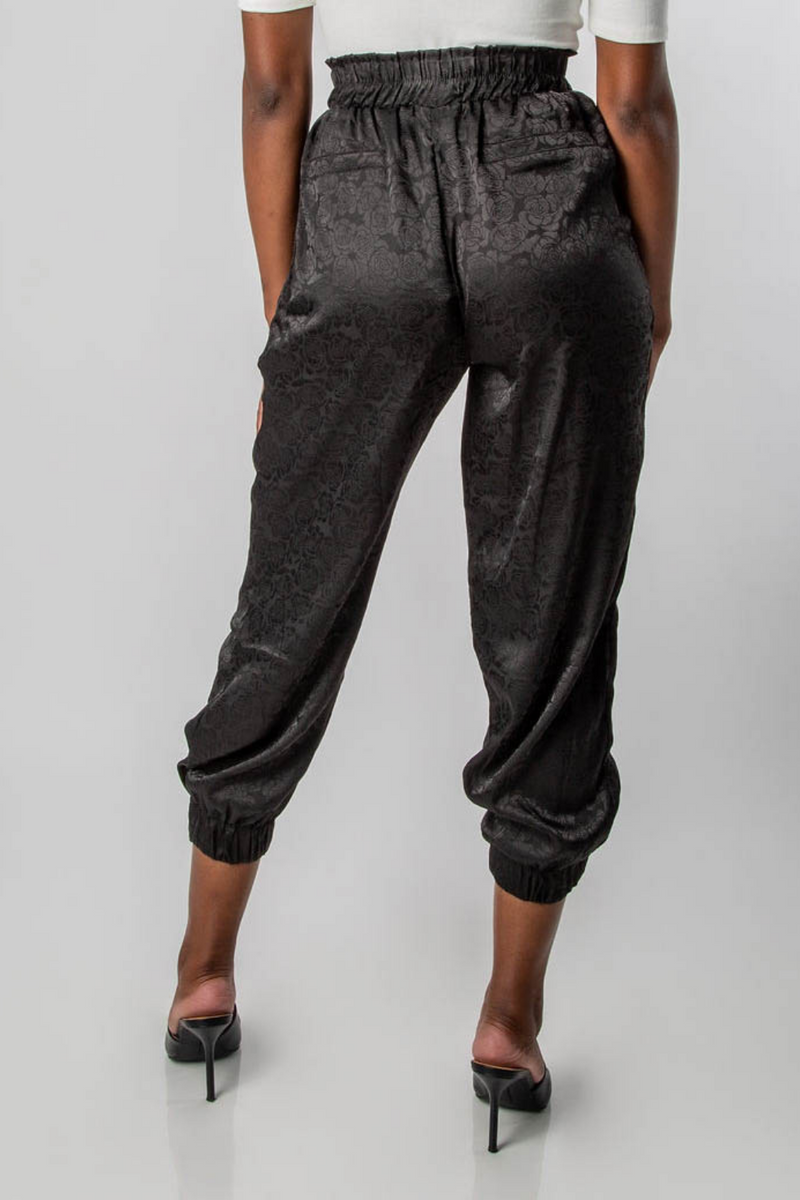 BLACK SATIN JACQUARD JOGGERS-MISCHUN