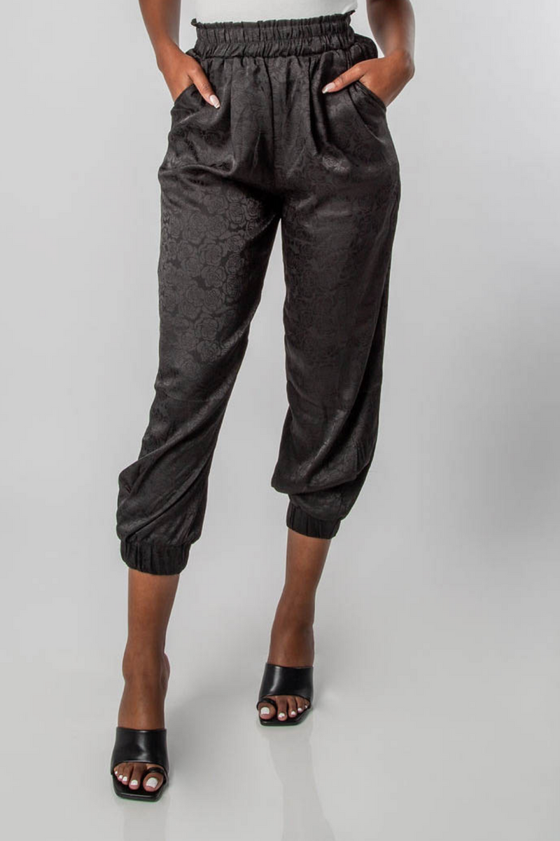 BLACK SATIN JACQUARD JOGGERS-MISCHUN