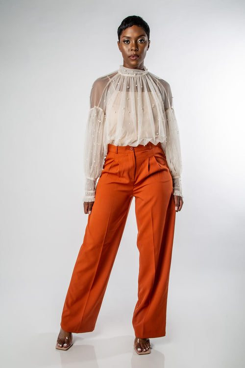 HIGH-NECK PEARL BEADED SHEER TULLE BLOUSE-MISCHUN