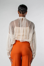 HIGH-NECK PEARL BEADED SHEER TULLE BLOUSE-MISCHUN