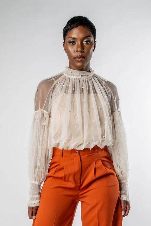 HIGH-NECK PEARL BEADED SHEER TULLE BLOUSE-MISCHUN