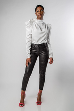 HIGH-NECK TIE SATIN BALLOON SLEEVE BLOUSE-MISCHUN