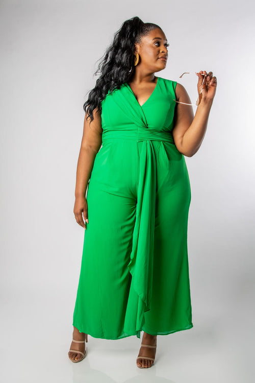 NEON GREEN PLUNGE SLEEVELESS WIDE-LEG JUMPSUIT-MISCHUN