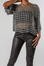 Nita Pearl Embellished Mesh Top Black / L