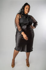 PLUS SIZE BLACK SATIN MIDI SKIRT-MISCHUN