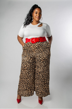 PLUS SIZE LEOPARD PRINT SATIN WIDE-LEG PANTS-MISCHUN