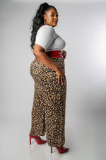 PLUS SIZE LEOPARD PRINT SATIN WIDE-LEG PANTS-MISCHUN