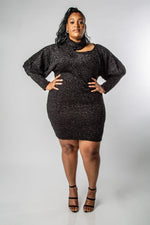 PLUS SIZE LONG SLEEVE BLACK LUREX OPEN SHOULDER DRESS-MISCHUN