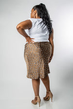 PLUS SIZE SATIN LEOPARD PRINT MIDI SKIRT-MISCHUN