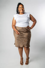 PLUS SIZE SATIN LEOPARD PRINT MIDI SKIRT-MISCHUN