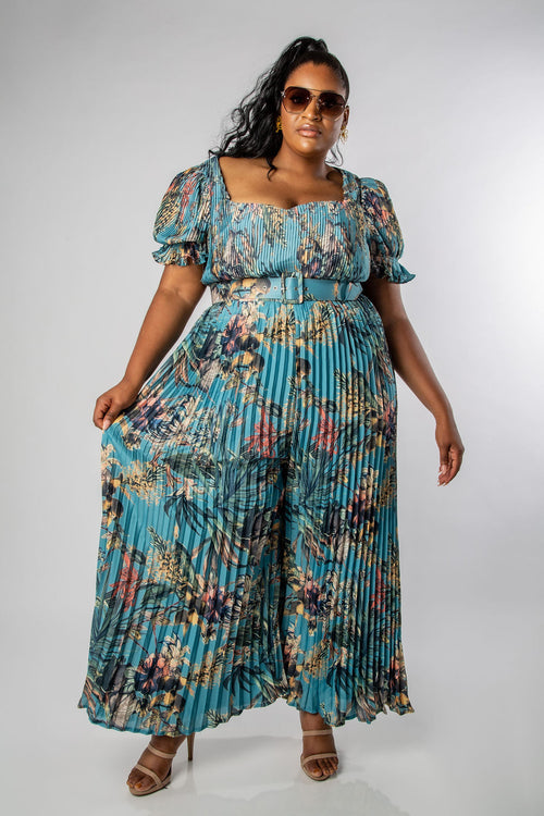 SPRING FLORAL PLEATED WIDE-LEG JUMPSUIT-MISCHUN